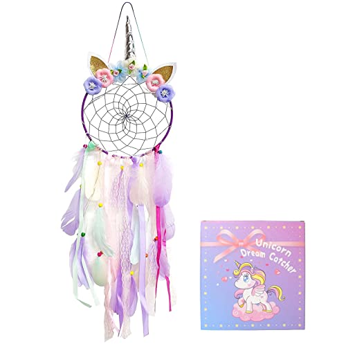 LATT LED Lighted Up Unicorn Dream Catcher Wall Decor Colorful Feather Dreamcather Wall Hanging for Girls Kids Bedroom Decoration (Purple with Light) - Image 1