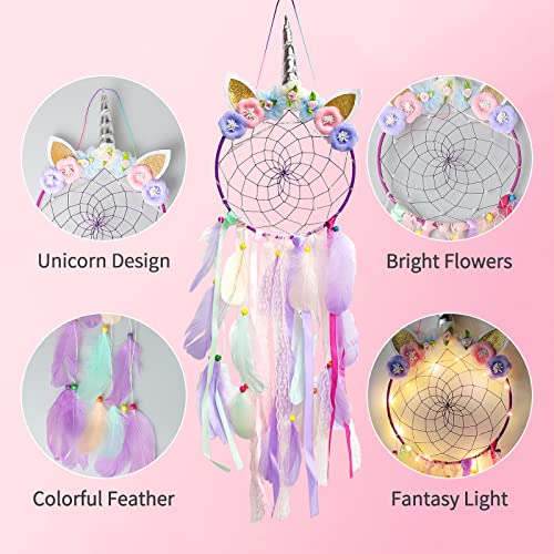 LATT LED Lighted Up Unicorn Dream Catcher Wall Decor Colorful Feather Dreamcather Wall Hanging for Girls Kids Bedroom Decoration (Purple with Light) - Image 2