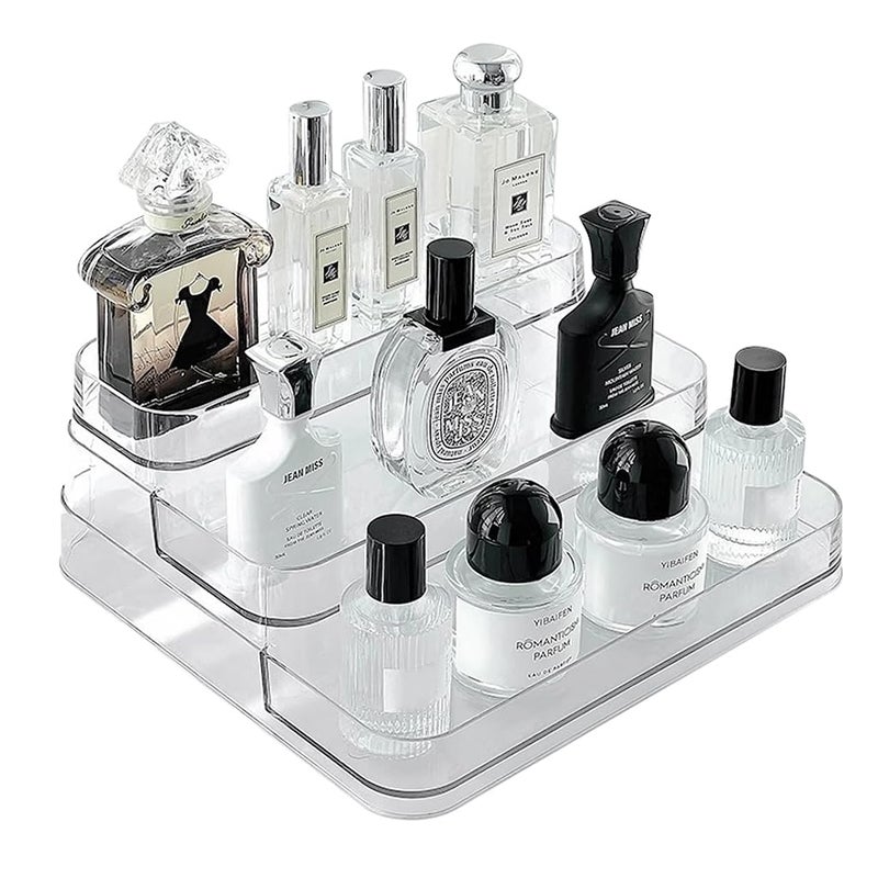 M'AYCREATE ® Perfume Display, 3 Tier Clear Acrylic Riser Shelf for Perfume with Fences, Cupcake, Gemstones, Curio, Anime Figurines, Skin Care Products for Organization and Decor - Image 1