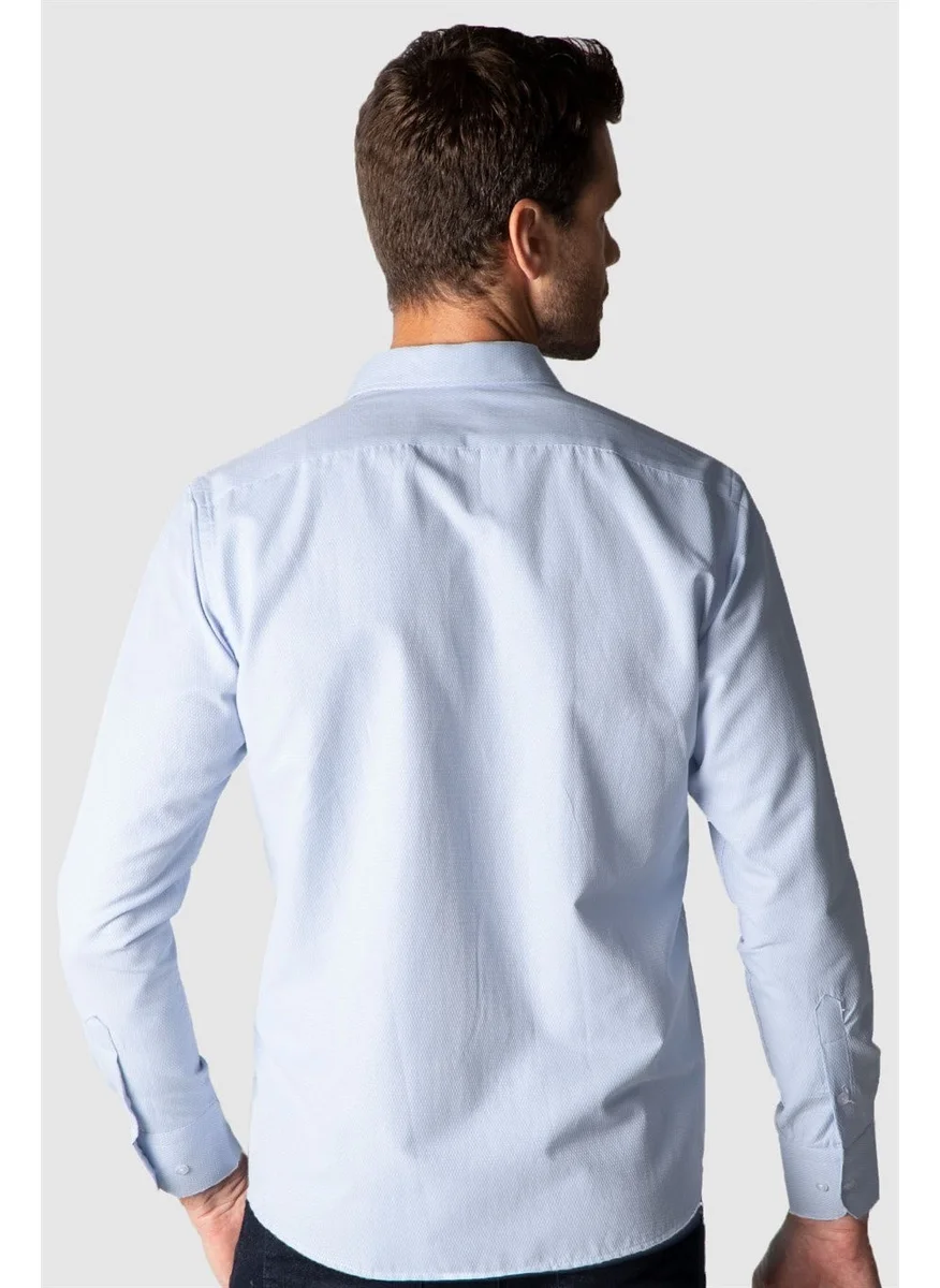 Tudors Classic Fit Long Sleeve Dobby Tie Collar Patterned Men's Blue Shirt