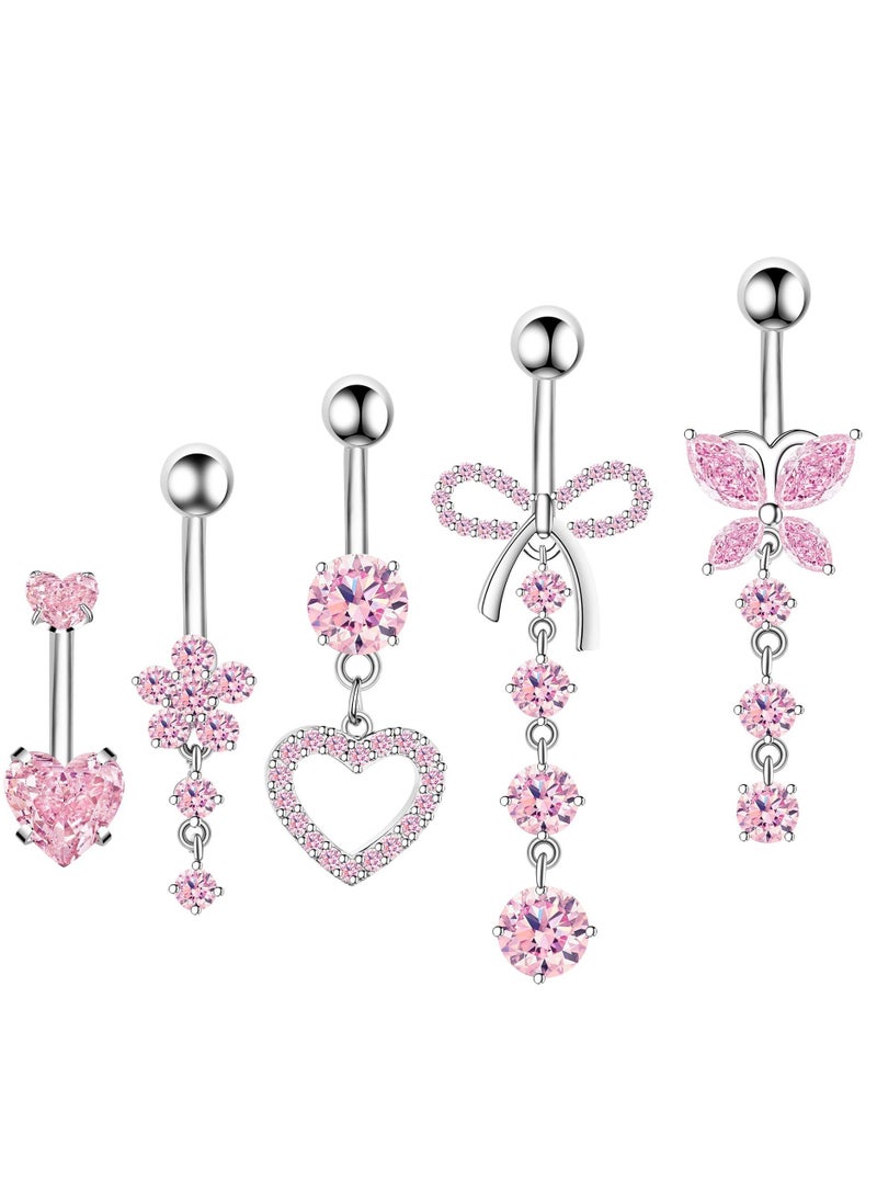 Generic - 5 pcs pink piercing jewelry set stainless steel butterfly  navel rings fashion crystal Belly Ring for girls fashion  Belly Button Rings for women party gifts - Image 1