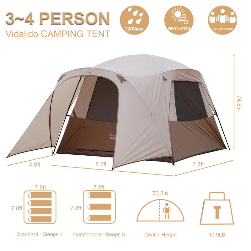 Vidalido 3-4 Person Tent with 1 Mesh Door and 2 Large Mesh Window, Double Layer Waterproof Portable Family Cabin Tent, 4 Person Tents for Outdoor Camping Hiking - Image 5