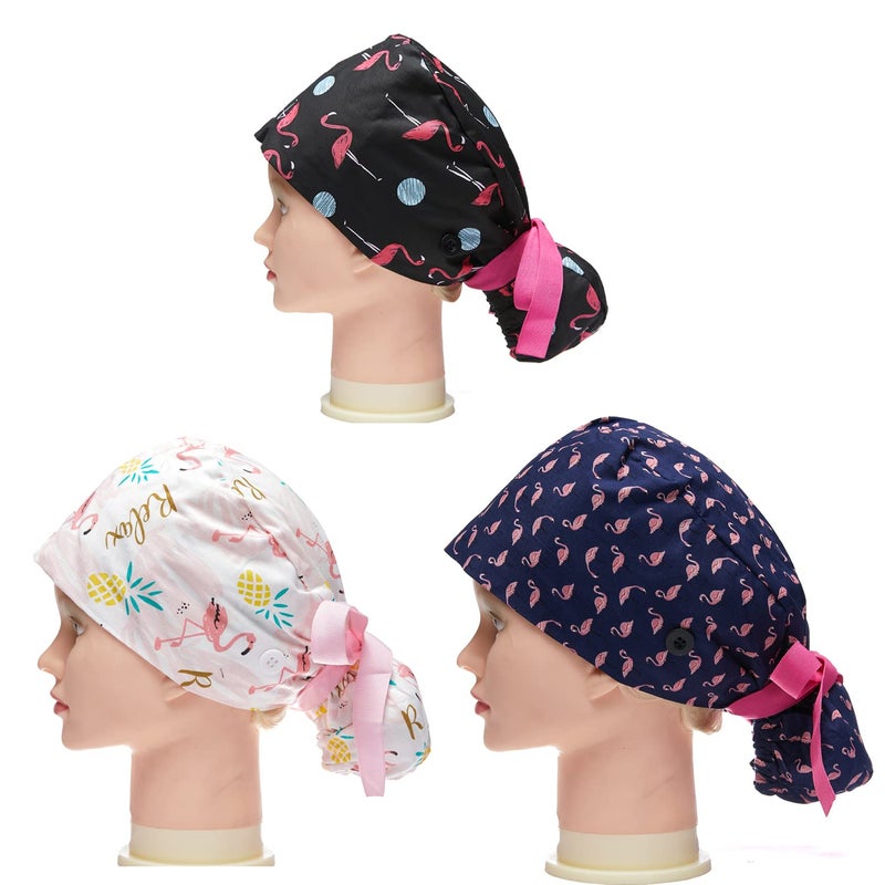 FOHEEL Scrub Cap Long Hair Ponytail Nursing Buttons Chemo Hats Cancer Headwear Head Scarfs Nurse Hat for Women Working Cap with Sweatband Head Cover - Image 2