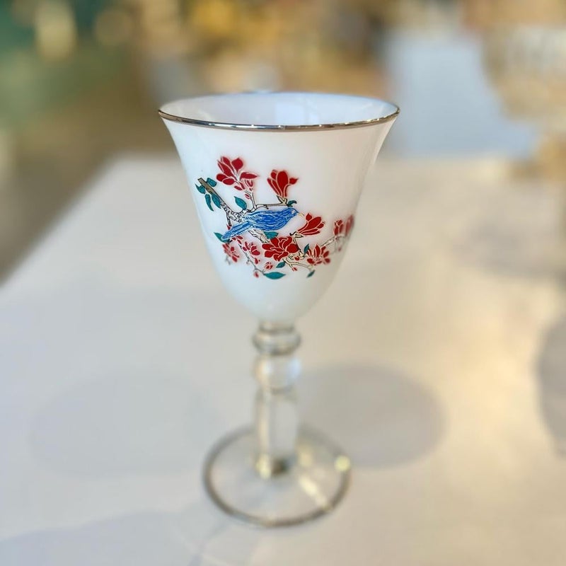 Soleter Glass Stemmed Goblet Set – 6 Pieces, White Crystal with Silver Rim & Red Floral Bird Design, 0.3 L