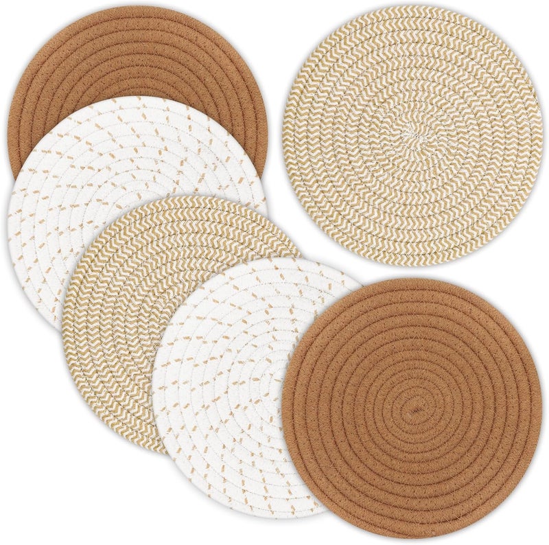 Cazzon Trivets for Hot Dishes, Pots and Pans, 8 Inches Hot Pads 6 Pcs, Pot Holders for Kitchen, Heat Resistant Mat Protect Counter, Coasters Set Home Essentials Farmhouse Decor (Mix Brown) - Image 1