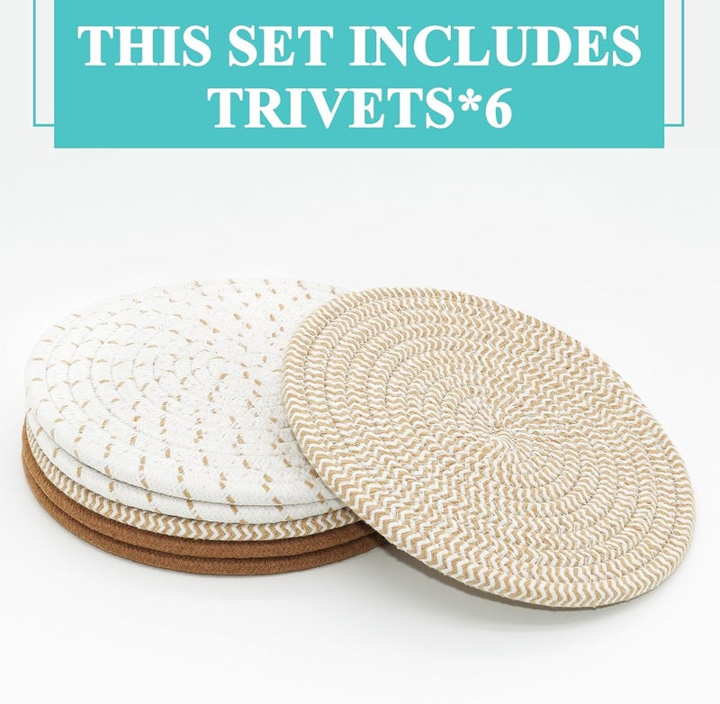 Cazzon Trivets for Hot Dishes, Pots and Pans, 8 Inches Hot Pads 6 Pcs, Pot Holders for Kitchen, Heat Resistant Mat Protect Counter, Coasters Set Home Essentials Farmhouse Decor (Mix Brown) - Image 2