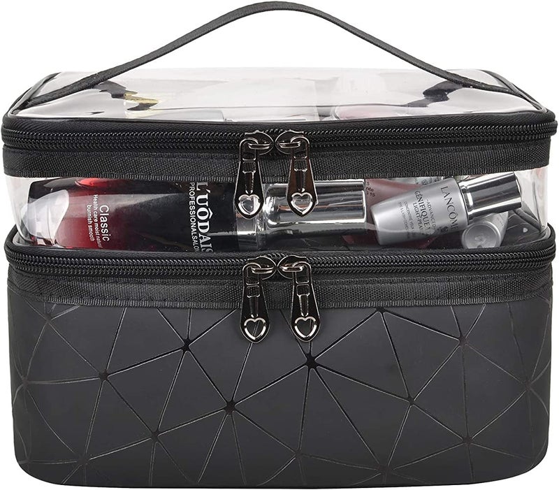 KARDIFF Label Faux Leather Double Layer Cosmetics Makeup Toiletries Storage Cosmetic Bag Black  Diamond 225 x 165 x 15 Centimeters Black Pack of 1 - Image 2