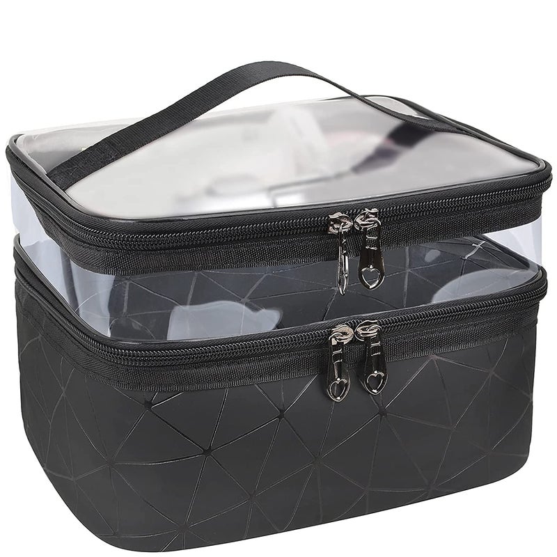 KARDIFF Label Faux Leather Double Layer Cosmetics Makeup Toiletries Storage Cosmetic Bag Black  Diamond 225 x 165 x 15 Centimeters Black Pack of 1 - Image 1