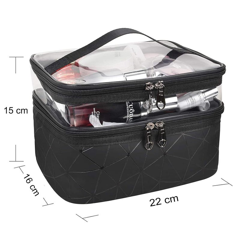 KARDIFF Label Faux Leather Double Layer Cosmetics Makeup Toiletries Storage Cosmetic Bag Black  Diamond 225 x 165 x 15 Centimeters Black Pack of 1 - Image 3