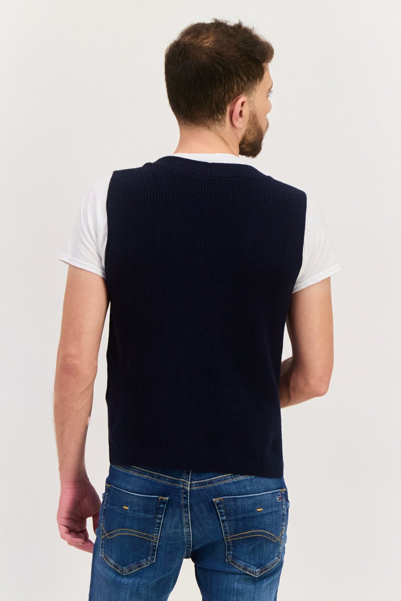 ESPRIT Men V-Neck Sleeveless Knitted Sweater Vest, Navy Blue - Image 3