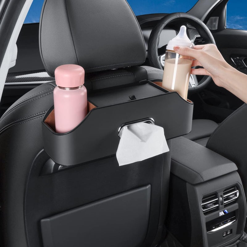 HALOYIVGO Car Seat Back Organizer - Stylish & Functional Storage for Family Adventures - Cup Holders, Tissue Box & Hooks - Perfect for Kids, Road Trips & Travel (Black) - Image 4