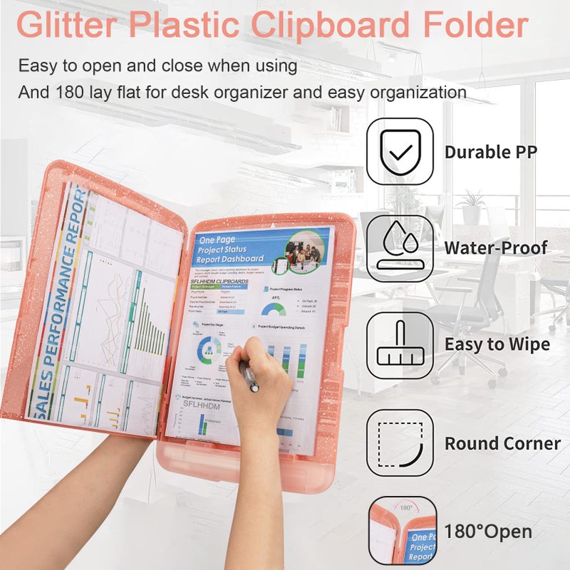 SFLHHDM Glitter Clipboard with Storage,Storage Clipboard with Pen Holder,A4 Binder Clip Boards 8.5x11 with Low Profile Clip,Side Opening Sparkle Clipboards, Clipboards Folder for Office Supplies-Pale Pink - Image 4