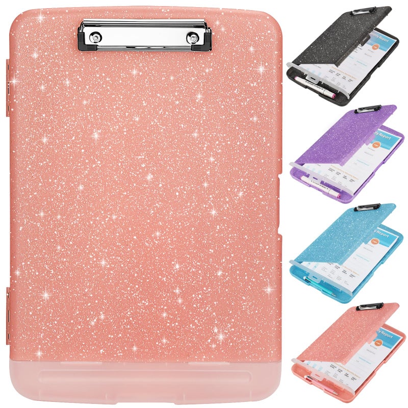 SFLHHDM Glitter Clipboard with Storage,Storage Clipboard with Pen Holder,A4 Binder Clip Boards 8.5x11 with Low Profile Clip,Side Opening Sparkle Clipboards, Clipboards Folder for Office Supplies-Pale Pink - Image 1