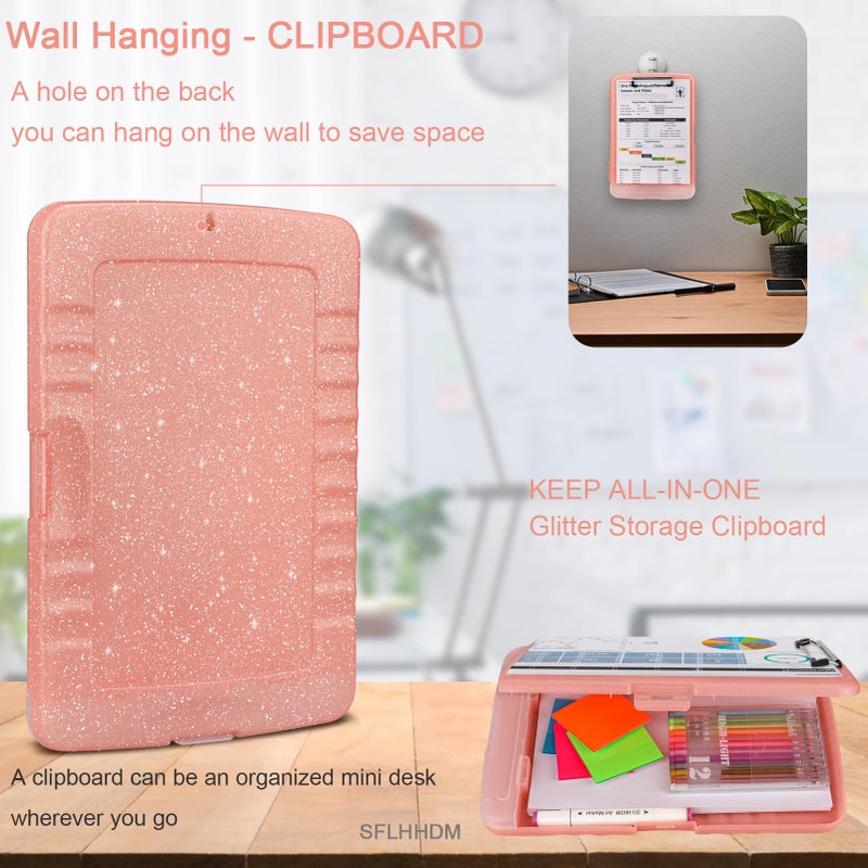 SFLHHDM Glitter Clipboard with Storage,Storage Clipboard with Pen Holder,A4 Binder Clip Boards 8.5x11 with Low Profile Clip,Side Opening Sparkle Clipboards, Clipboards Folder for Office Supplies-Pale Pink - Image 5
