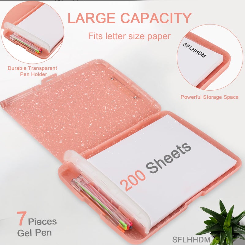 SFLHHDM Glitter Clipboard with Storage,Storage Clipboard with Pen Holder,A4 Binder Clip Boards 8.5x11 with Low Profile Clip,Side Opening Sparkle Clipboards, Clipboards Folder for Office Supplies-Pale Pink - Image 2