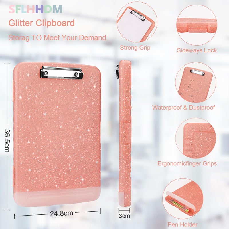 SFLHHDM Glitter Clipboard with Storage,Storage Clipboard with Pen Holder,A4 Binder Clip Boards 8.5x11 with Low Profile Clip,Side Opening Sparkle Clipboards, Clipboards Folder for Office Supplies-Pale Pink - Image 3