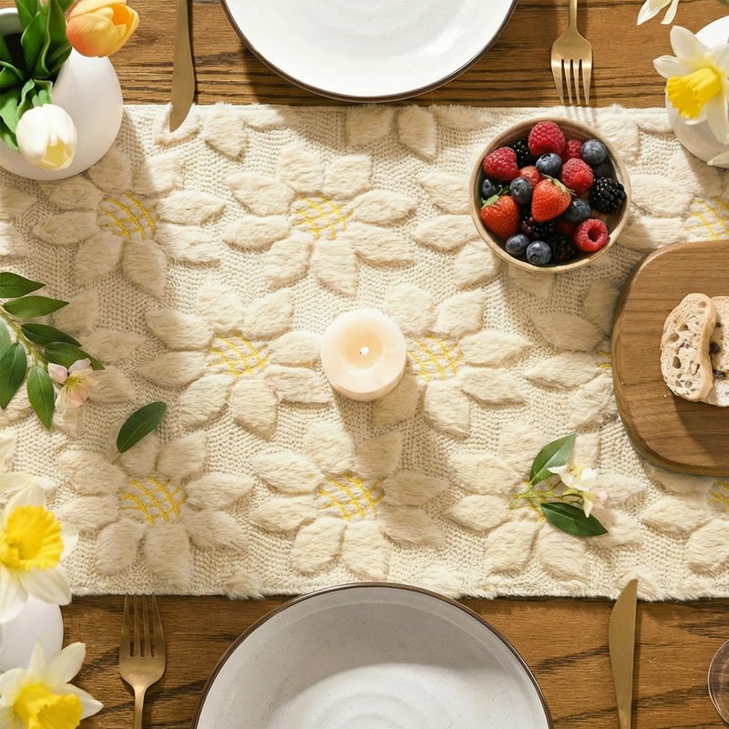 Artoid Mode Beige Soft Plush Faux Fur Jacquard Embroidery Sunflower Spring Table Runner, Kitchen Dining Table Decoration for Home Party Decor 13x72 Inch - Image 3