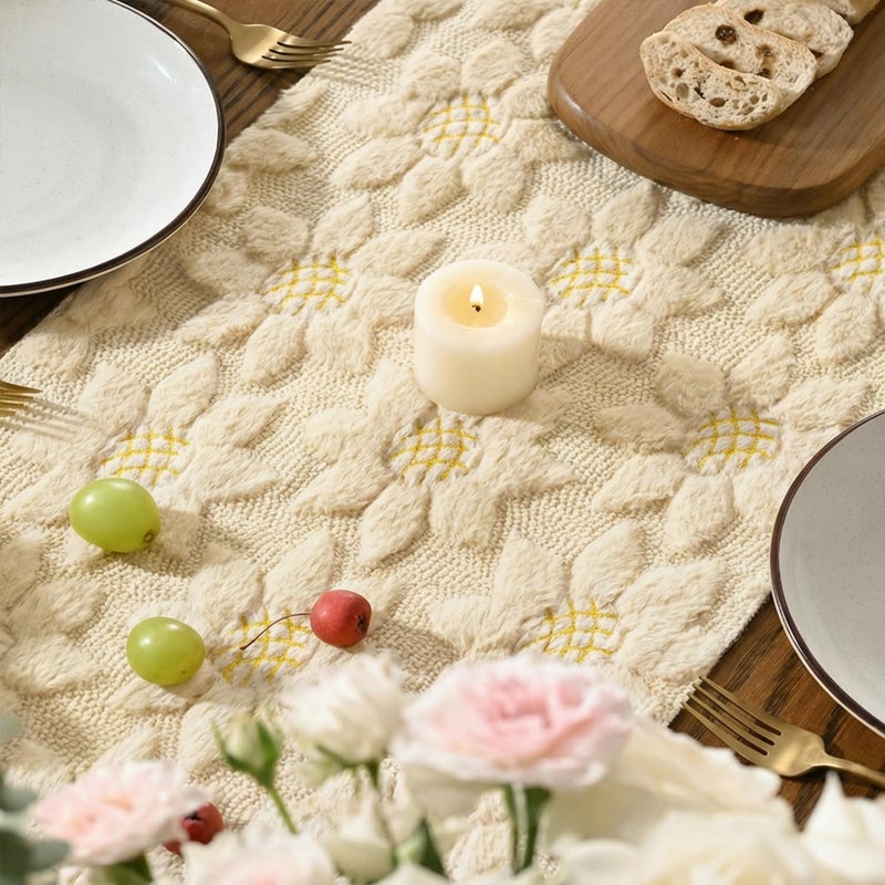 Artoid Mode Beige Soft Plush Faux Fur Jacquard Embroidery Sunflower Spring Table Runner, Kitchen Dining Table Decoration for Home Party Decor 13x72 Inch - Image 4