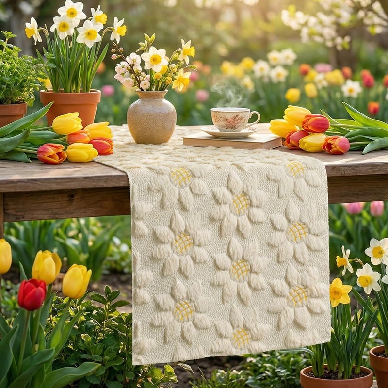 Artoid Mode Beige Soft Plush Faux Fur Jacquard Embroidery Sunflower Spring Table Runner, Kitchen Dining Table Decoration for Home Party Decor 13x72 Inch - Image 5