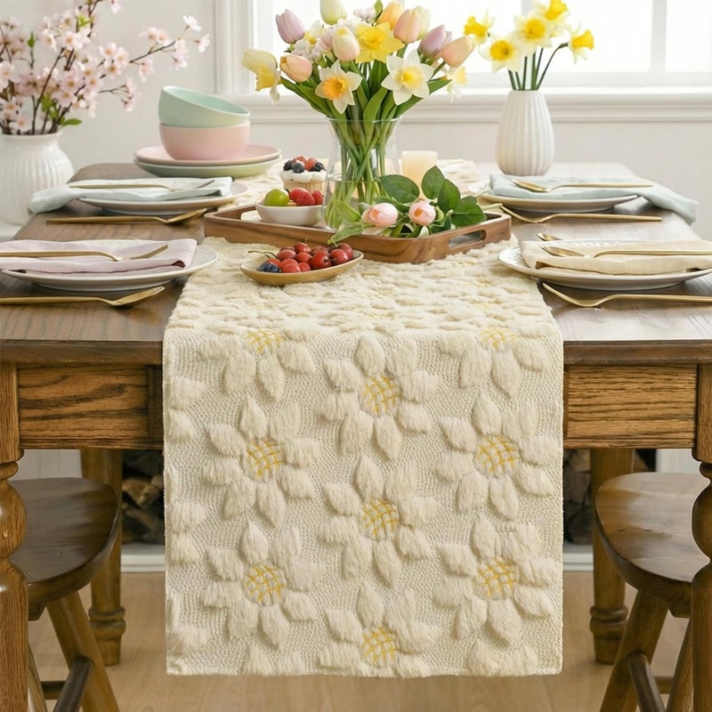 Artoid Mode Beige Soft Plush Faux Fur Jacquard Embroidery Sunflower Spring Table Runner, Kitchen Dining Table Decoration for Home Party Decor 13x72 Inch - Image 2