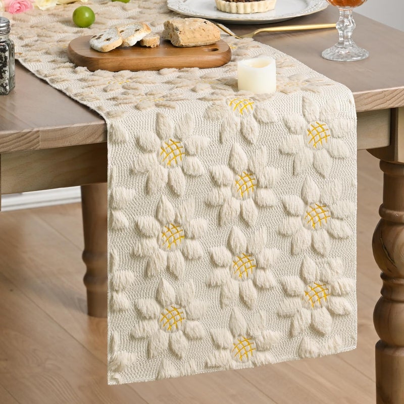 Artoid Mode Beige Soft Plush Faux Fur Jacquard Embroidery Sunflower Spring Table Runner, Kitchen Dining Table Decoration for Home Party Decor 13x72 Inch - Image 1