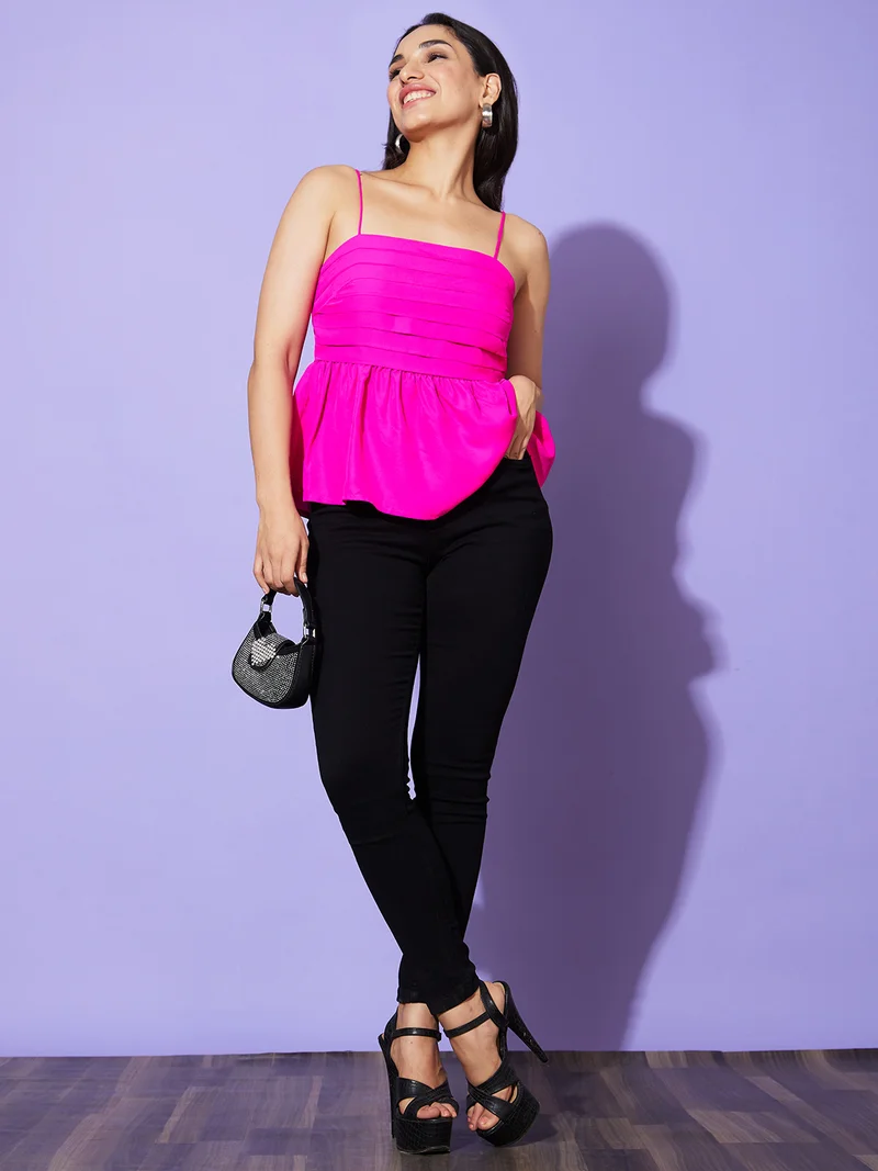 globus Women Pleated Puff Sleeve Party Crop Top