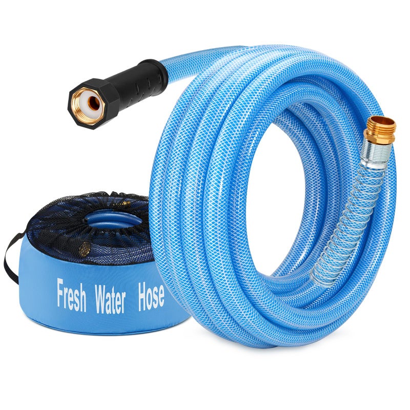 Kohree 25FT Upgraded RV Water Hose 58 Premium Drinking Water Hose for Camper Leak Free No Kink Flexible Garden Hose 25 ft with Storage Bag Reinforced PVC Design wStrain Relief Ends  Blue