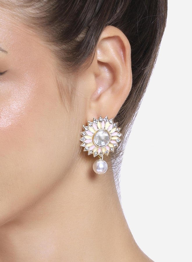 Zaveri Pearls أقراط زافيري بيرلز الوردية والصفراء على شكل زهرة عباد الشمس، مطلية بالمينا، مرصعة بالألماس النمساوي واللؤلؤ، بتصميم عرقي متدلٍ للنساء - ZPFK16752 - Image 2
