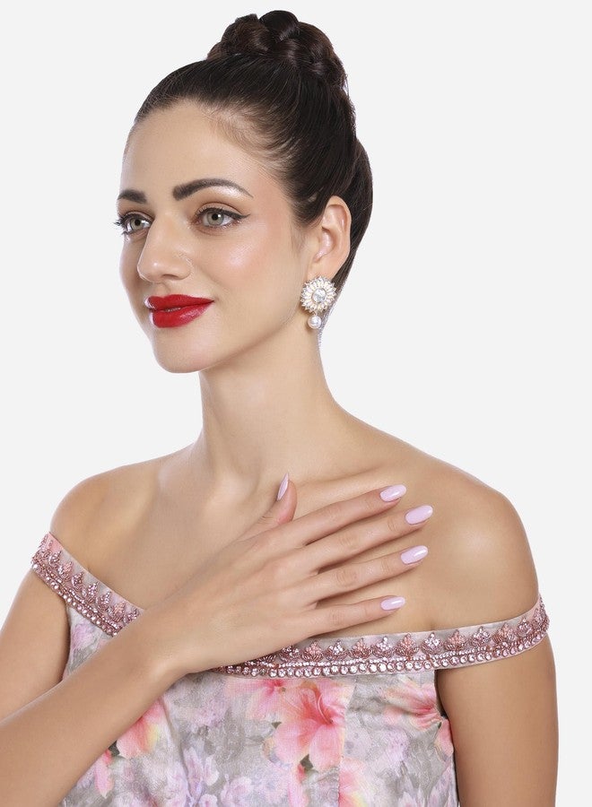 Zaveri Pearls أقراط زافيري بيرلز الوردية والصفراء على شكل زهرة عباد الشمس، مطلية بالمينا، مرصعة بالألماس النمساوي واللؤلؤ، بتصميم عرقي متدلٍ للنساء - ZPFK16752 - Image 4