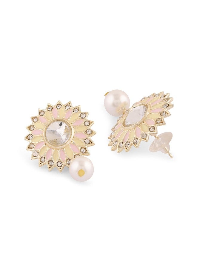 Zaveri Pearls أقراط زافيري بيرلز الوردية والصفراء على شكل زهرة عباد الشمس، مطلية بالمينا، مرصعة بالألماس النمساوي واللؤلؤ، بتصميم عرقي متدلٍ للنساء - ZPFK16752 - Image 5