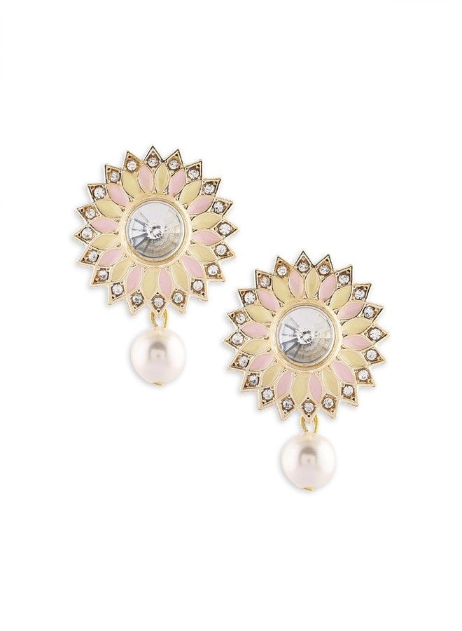 Zaveri Pearls أقراط زافيري بيرلز الوردية والصفراء على شكل زهرة عباد الشمس، مطلية بالمينا، مرصعة بالألماس النمساوي واللؤلؤ، بتصميم عرقي متدلٍ للنساء - ZPFK16752 - Image 1