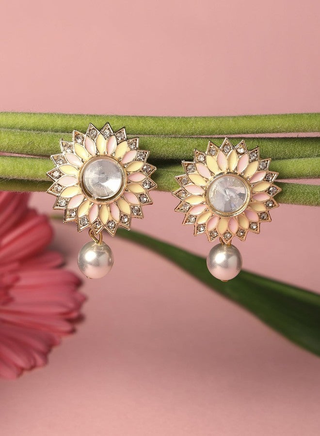 Zaveri Pearls أقراط زافيري بيرلز الوردية والصفراء على شكل زهرة عباد الشمس، مطلية بالمينا، مرصعة بالألماس النمساوي واللؤلؤ، بتصميم عرقي متدلٍ للنساء - ZPFK16752 - Image 3