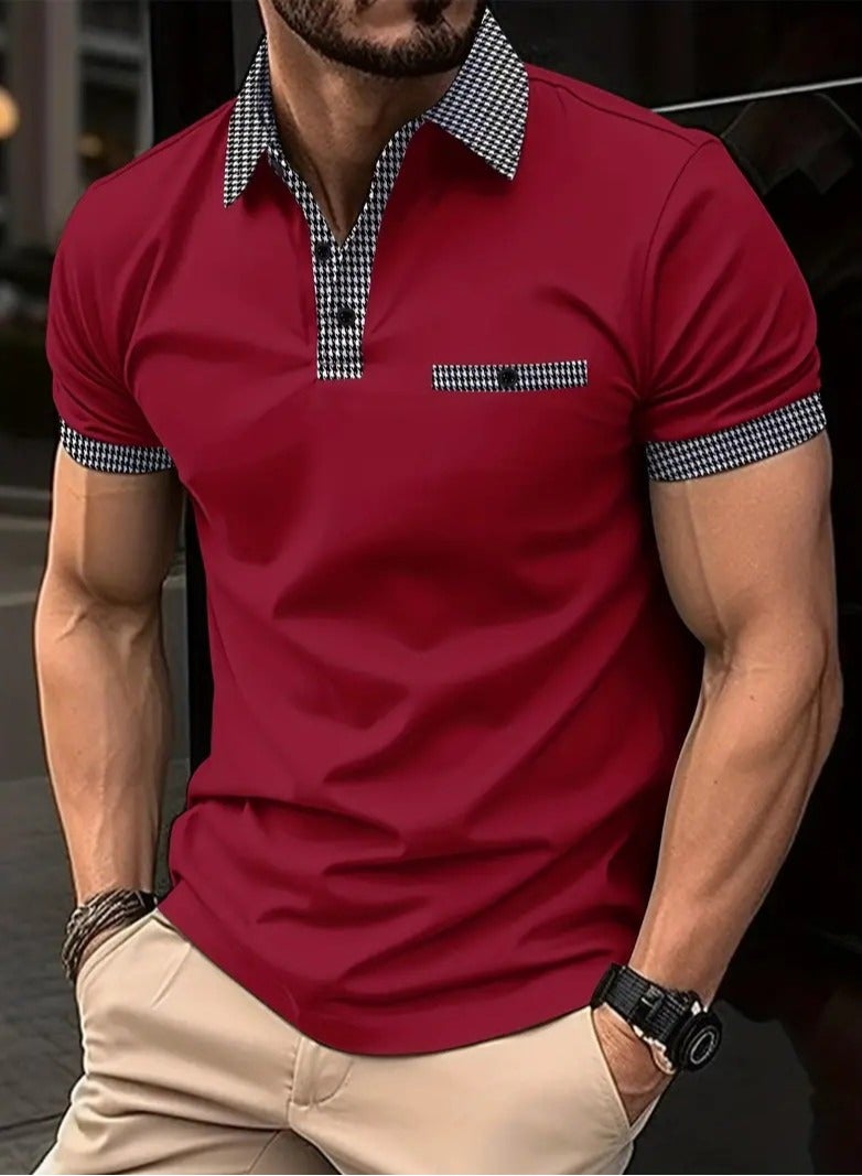 NIBEMINENT Houndstooth Casual Slightly Stretch Button Up Short Sleeve Shirt, Men's Shirt For Summer  - Image 1