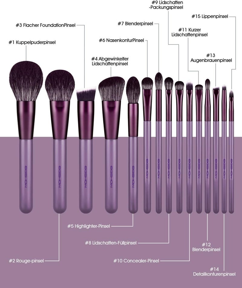 EIGSHOW Makeup Brushes, 15 Pcs Vegan Essential Makeup Brushes, High Quality Makeup Tools with Bag, Preprofessional Brushes for Beauty Lovers (Jade Purple) - Image 2