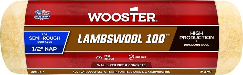 Wooster Brush R291-9 Lambswool 100 Roller Cover - 1/2-Inch Nap, 9-Inch for Semi-Rough Surfaces