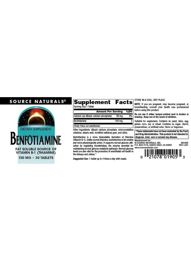 Source Naturals: Benfotiamine, Fat Soluable Source of Vitamin B-1 (Thiamine) 150 mg 30 Tablet - Image 4