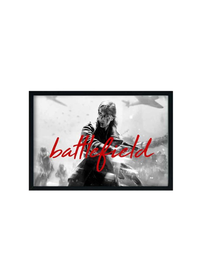 لوحة فنية لديكور الحائط بإطار خشبي برسمة مكتوب عليها كلمة "Battlefield" أبيض/أسود/أحمر