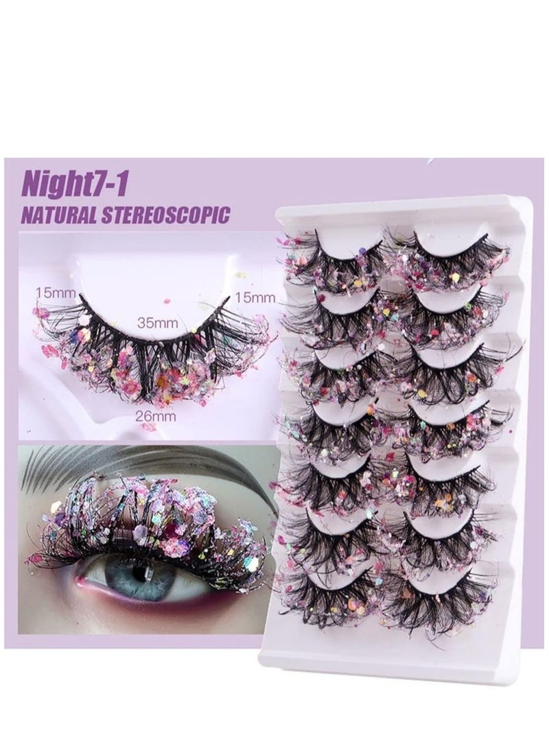 Zikra 7 Pairs Night Luminous Glitter False Eyelashes Wispy Faux Mink Lashes Colored Eyelashes Dramatic Lashes for Party Stage Cosplay - Image 3