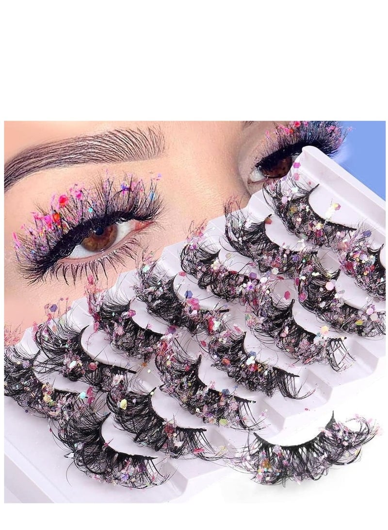 Zikra 7 Pairs Night Luminous Glitter False Eyelashes Wispy Faux Mink Lashes Colored Eyelashes Dramatic Lashes for Party Stage Cosplay - Image 1