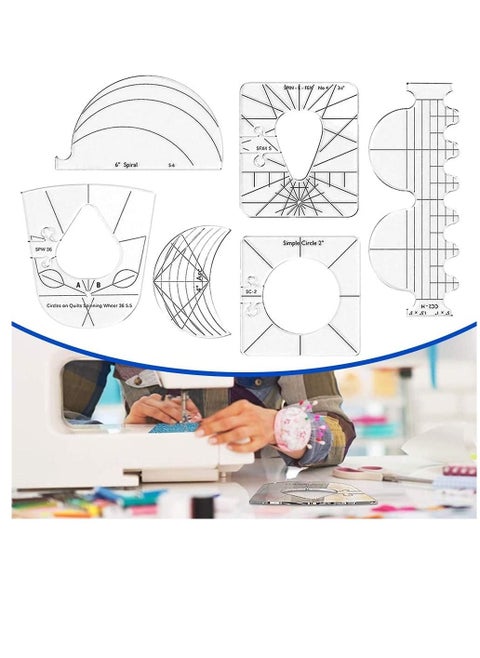 6Pack Quilting Template Sewing Machine Ruler Acrylic DIY Tools Kit Free Motion Grip Rulers Includes Spiral, Arc, Clamshell, Simple Circle