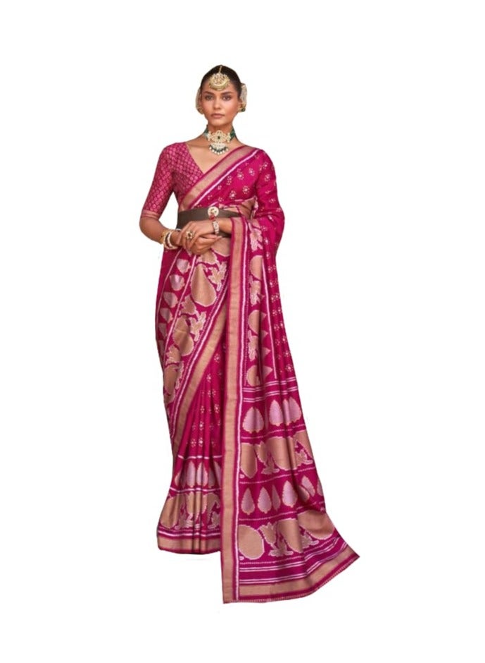 Grab Mantra Fuchsia Pink Banaras Silk Saree With Gold Foil Print And Border Plus Unstitched Blouse  - Image 1