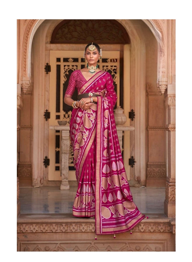 Grab Mantra Fuchsia Pink Banaras Silk Saree With Gold Foil Print And Border Plus Unstitched Blouse  - Image 2