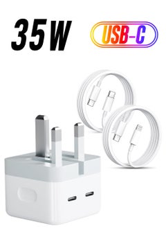 "Dual USB-C 35W Fast Charger with Cables: Includes USB-C to Lightning & USB-C to USB-C for iPhone 14/13/12/11, Samsung, iPad, AirPods"