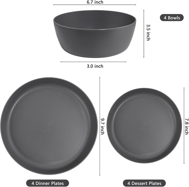ejonirinjonir EI 12pcs Wheat Straw Dinnerware Set of 4,Kitchen Plates and Bowls,Reuasble Plates,Unbreakable Dinner Plates,Hard Premium Plastic Plates,Party Plastic Plates Set for Camping,Picninc,Halloween - Image 2