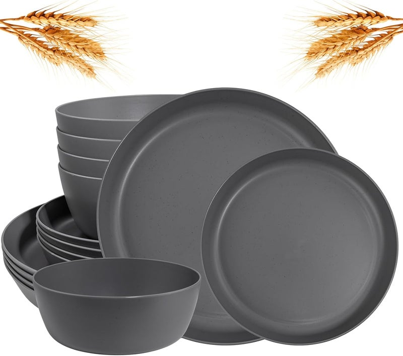 ejonirinjonir EI 12pcs Wheat Straw Dinnerware Set of 4,Kitchen Plates and Bowls,Reuasble Plates,Unbreakable Dinner Plates,Hard Premium Plastic Plates,Party Plastic Plates Set for Camping,Picninc,Halloween - Image 1