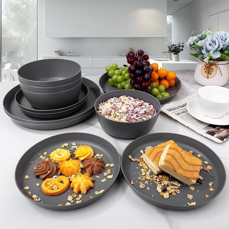 ejonirinjonir EI 12pcs Wheat Straw Dinnerware Set of 4,Kitchen Plates and Bowls,Reuasble Plates,Unbreakable Dinner Plates,Hard Premium Plastic Plates,Party Plastic Plates Set for Camping,Picninc,Halloween - Image 3