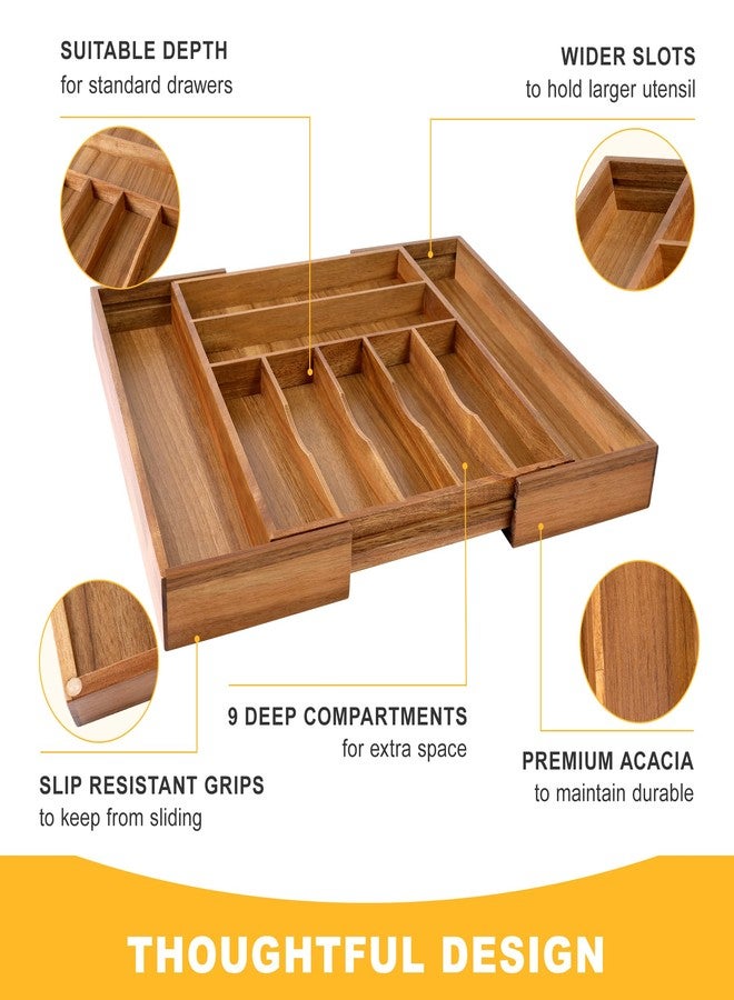 oridom Large Premium Acacia Silverware Organizer - Expandable Drawer Organizer & Utensil Organizer - 17"x19.7" Cutlery Tray with Dividers for Kitchen Utensils and Flatware (7-9 Slots) Acacia - Image 5