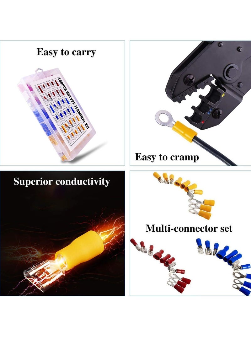 480-Piece Insulated Terminal Crimp Electrical Wire Cable Connector Kit Multicolour