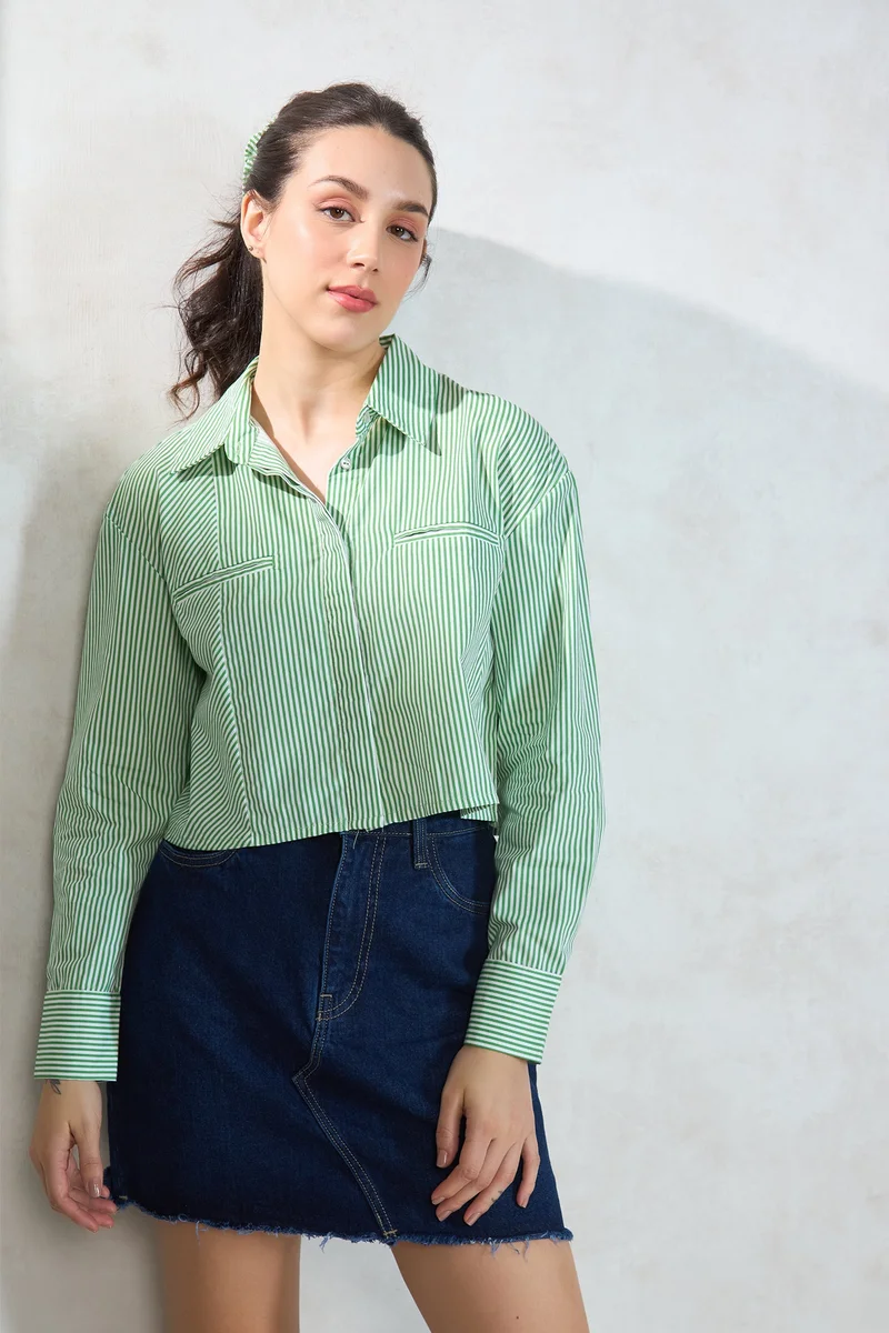 فيرجيو Solid Cotton Green-White Striped Shirt for Women