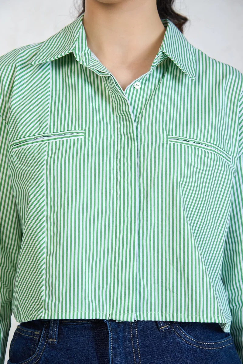Virgio  Solid Cotton Green-White Striped Shirt for Women for Women | Best Price UAE
